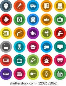 White Solid Icon Set- water tap vector, vacuum cleaner, steaming, bath, tv, house, cottage, apartments, key, relocation truck, washer, siren, mixer, coffee maker, microwave oven, blender, monitor