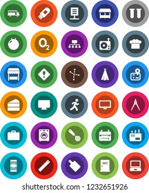 White Solid Icon Set- water closet vector, cook hat, towel, skimmer, cutting board, pasta, cake, ruler, drawing compass, case, backpack, school bus, constellation, hierarchy, fitball, oxygen, run