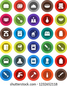 White Solid Icon Set- water tap vector, sponge, plates, oil, colander, measuring cup, scales, whisk, skimmer, meat hammer, hand mill, double boiler, spices, blender, sieve, dish, jar, dishwasher
