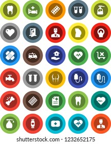 White Solid Icon Set- water tap vector, liquid soap, house hold, heart pulse, buttocks, monitor, first aid kit, no trolley, doctor, vial, broken bone, patch, pills blister, anamnesis, hospital bed