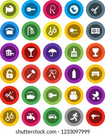White Solid Icon Set- water tap vector, shower, kettle, meat hammer, toaster, school bus, jump rope, muscule hand, bottle, gymnast rings, run, glass, umbrella, dry cargo, pregnancy, scissors, bench