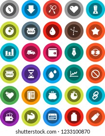 White Solid Icon Set- water drop vector, jar, pen, compass, constellation, graph, pie, wallet, arrow down, stopwatch, jump rope, muscule hand, prohibition sign, car, calendar, link, heart, cross