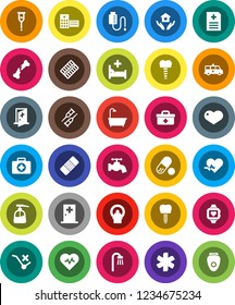 White Solid Icon Set- water tap vector, liquid soap, house hold, heart pulse, pills, monitor, first aid kit, no trolley, doctor bag, ambulance star, crutches, broken bone, patch, blister, anamnesis