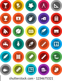 White Solid Icon Set- water tap vector, splotch, washboard, rolling pin, chicken leg, pen, pencil, corner ruler, drawing compass, Railway carriage, glass, tulip, big scales, hdmi, cottage, plan