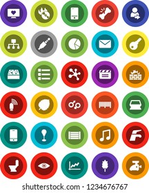 White Solid Icon Set- water tap vector, sponge, toilet, cereal, music, leaf, graph, pie, punching bag, molecule, heart monitor, wood box, cinema clap, hit, mobile phone, jack, eye, gender sign, menu