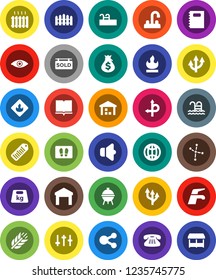 White Solid Icon Set- water tap vector, welcome mat, bbq, book, copybook, constellation, money bag, cereals, pool, route, warehouse, weight, flammable, barcode, speaker, settings, classic phone, eye