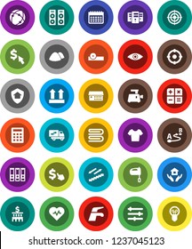 White Solid Icon Set- water tap vector, towel, house hold, garbage pile, mixer, bank building, binder, dollar cursor, heart pulse, t shirt, target, calendar, stairways run, top sign, route, eye