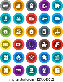 White Solid Icon Set- water tap vector, vacuum cleaner, house hold, oven, home, key, cottage, garage, sold signboard, apartments, relocation truck, smart, building, dishwasher, coffee maker, blender