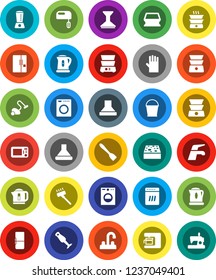 White Solid Icon Set- water tap vector, vacuum cleaner, bucket, sponge, car fetlock, rubber glove, kettle, spatula, double boiler, blender, fridge, washer, dishwasher, mixer, coffee maker, hood
