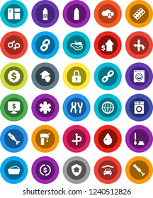 White Solid Icon Set- water drop vector, window cleaning, toilet brush, washer, foam basin, blender, exchange, dollar growth, medal, monitor, bottle, route, internet, ambulance star, gender sign