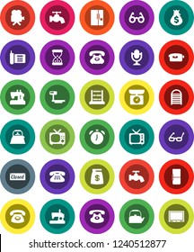 White Solid Icon Set- water tap vector, washboard, kettle, glasses, alarm clock, abacus, money bag, phone, big scales, tv, video camera, microphone, classic, sand, fridge, closed, kitchen