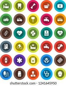 White Solid Icon Set- water tap vector, house hold, heart pulse, pills vial, monitor, first aid kit, ambulance star, crutches, broken bone, stethoscope, bottle, blister, anamnesis, hospital bed