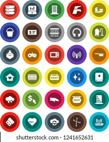 White Solid Icon Set- water tap vector, vacuum cleaner, fetlock, bucket, shining, welcome mat, cook glove, constellation, exam, laptop graph, dollar cursor, heart pulse, ship, package, headphones