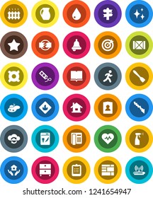 White Solid Icon Set- water drop vector, shining, sprayer, house hold, spatula, jug, book, bell, clipboard, archive, crisis, personal information, any currency, heart pulse, run, signpost, wood box