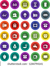 White Solid Icon Set- water tap vector, washboard, kettle, glasses, alarm clock, abacus, money bag, phone, big scales, film frame, tv, video camera, microphone, classic, sand, closed, fridge
