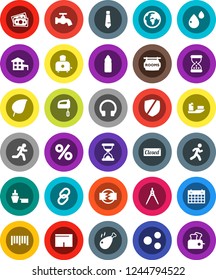 White Solid Icon Set- water tap vector, toaster, chicken leg, drawing compass, leaf, tie, shorts, bottle, calendar, run, earth, money, ship, port, protected, barcode, headphones, link, sand clock