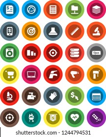 White Solid Icon Set- water tap vector, rubber glove, bbq, ruler, microscope, annual report, target, dollar flag, calendar, cursor, heart pulse, sorting, internet, network folder, big data, supply