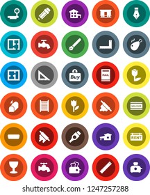 White Solid Icon Set- water tap vector, welcome mat, washboard, rolling pin, chicken leg, pen, pencil, corner ruler, glass, tulip, big scales, Railway carriage, hdmi, cottage, mailbox, plan, buy