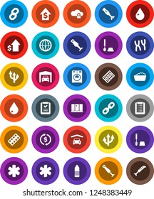 White Solid Icon Set- water drop vector, toilet brush, washer, foam basin, shining window, blender, exchange, dollar growth, bottle, internet, ambulance star, pills blister, chromosomes, cloud lock