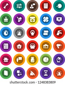 White Solid Icon Set- water tap vector, washing powder, cook timer, rolling pin, blackboard, table lamp, personal information, pie graph, bank building, heart monitor, warehouse, speaking man, patch