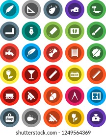 White Solid Icon Set- water tap vector, splotch, welcome mat, washboard, rolling pin, chicken leg, pen, pencil, corner ruler, drawing compass, Railway carriage, glass, tulip, big scales, broken bone