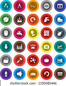 White Solid Icon Set- water tap vector, splotch, pan, meat hammer, cake, chicken leg, pen, drawing compass, world, constellation, graph, dollar calendar, roller Skates, molecule, bottle, document