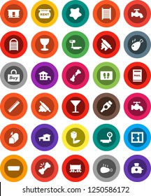 White Solid Icon Set- water tap vector, splotch, welcome mat, washboard, rolling pin, chicken leg, ruler, Railway carriage, glass, tulip, big scales, hdmi, broken bone, cottage, mailbox, plan, buy