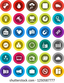 White Solid Icon Set- water drop vector, toaster, plates, dish, case, magnet, pie graph, no smoking, heart cross, hoop, phone, car, satellitie, loudspeaker, rec button, dna, broken bone, stethoscope