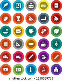 White Solid Icon Set- water tap vector, splotch, welcome mat, washboard, rolling pin, thermometer, pen, corner ruler, drawing compass, glass, big scales, Railway carriage, hdmi, broken bone, cottage