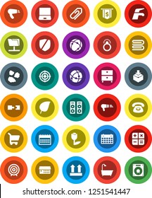 White Solid Icon Set- water tap vector, towel, garbage pile, archive, leaf, target, dollar flag, calendar, top sign, tulip, package, protected, notebook pc, hospital building, connection, attachment
