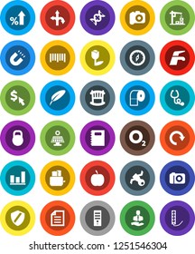 White Solid Icon Set- water tap vector, toilet paper, toaster, copybook, pen, compass, magnet, document, graph, percent growth, dollar cursor, diet, oxygen, route, satellite, client, tulip, weight