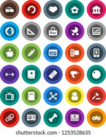White Solid Icon Set- water closet vector, corner ruler, bank, laptop graph, cash, piggy, barbell, fitball, bone, earth, calendar, tv, video camera, heart, syringe, patch, amkbulance car, network