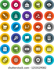 White Solid Icon Set- water tap vector, ladle, mixer, flag, pie graph, annual report, bank building, receipt, target, heart pulse, package, protected, barcode, route, sperm, connection, lock, open