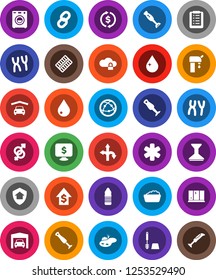 White Solid Icon Set- water drop vector, car fetlock, toilet brush, foam basin, shining window, blender, exchange, dollar growth, monitor, bottle, route, internet, ambulance star, gender sign, chain