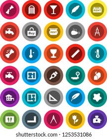 White Solid Icon Set- water tap vector, splotch, welcome mat, washboard, thermometer, chicken leg, pen, corner ruler, drawing compass, glass, tulip, big scales, hdmi, broken bone, cottage, plan, buy