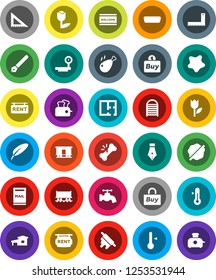 White Solid Icon Set- water tap vector, splotch, welcome mat, washboard, rolling pin, thermometer, chicken leg, pen, corner ruler, Railway carriage, tulip, big scales, hdmi, broken bone, cottage