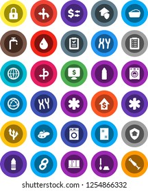 White Solid Icon Set- water drop vector, window cleaning, toilet brush, washer, foam basin, shining, exchange, dollar growth, monitor, bottle, route, internet, ambulance star, chromosomes, chain
