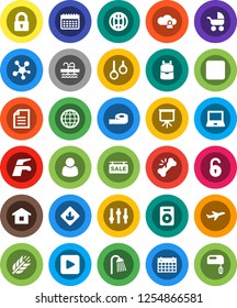 White Solid Icon Set- water tap vector, shower, backpack, notebook pc, presentation, document, measuring, calendar, cereals, pool, gymnast rings, plane, flammable, settings, social media, speaker