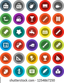 White Solid Icon Set- water tap vector, splotch, welcome mat, washboard, rolling pin, thermometer, chicken leg, pen, pencil, corner ruler, Railway carriage, glass, tulip, big scales, broken bone