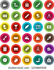 White Solid Icon Set- water tap vector, splotch, welcome mat, washboard, rolling pin, chicken leg, pen, pencil, ruler, drawing compass, Railway carriage, glass, tulip, big scales, hdmi, broken bone