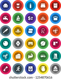 White Solid Icon Set- water tap vector, splotch, drying clothes, knife, jug, cake, school building, scissors, bus, exchange, gold ingot, jump rope, punching bag, fitball, muscule hand, shorts, run