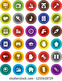 White Solid Icon Set- water tap vector, trash bin, washer, scales, cook glove, meat hammer, jug, potato, abacus, music, arrow up, stairways run, clock, satellitie, hdmi, thermometer, vial, ovule, tv