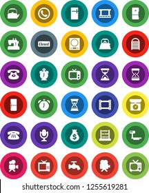 White Solid Icon Set- water tap vector, washboard, kettle, alarm clock, abacus, money bag, sand, big scales, film frame, tv, video camera, microphone, classic phone, fridge, closed, kitchen