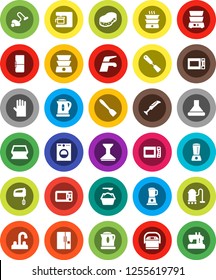 White Solid Icon Set- water tap vector, vacuum cleaner, sponge, car fetlock, washing powder, rubber glove, kettle, spatula, microwave oven, double boiler, fridge, washer, mixer, coffee maker, hood