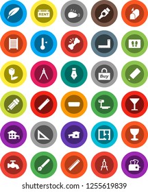 White Solid Icon Set- water tap vector, welcome mat, washboard, thermometer, chicken leg, pen, pencil, corner ruler, drawing compass, glass, tulip, big scales, hdmi, broken bone, cottage, plan, buy