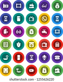 White Solid Icon Set- water tap vector, washboard, glasses, alarm clock, abacus, money bag, sand, phone, big scales, film frame, tv, video camera, microphone, classic, fridge, kitchen