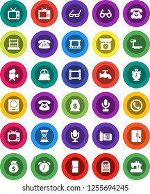 White Solid Icon Set- water tap vector, washboard, kettle, glasses, alarm clock, abacus, money bag, sand, phone, big scales, film frame, tv, video camera, microphone, classic, fridge, kitchen