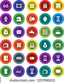 White Solid Icon Set- water tap vector, washboard, kettle, glasses, alarm clock, abacus, money bag, sand, film frame, tv, video camera, microphone, classic phone, fridge, closed, kitchen scales