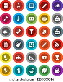 White Solid Icon Set- water tap vector, splotch, welcome mat, washboard, rolling pin, thermometer, chicken leg, corner ruler, drawing compass, glass, tulip, big scales, Railway carriage, broken bone