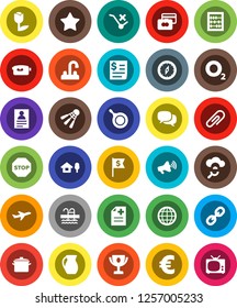 White Solid Icon Set- water tap vector, pan, jug, compass, award cup, abacus, personal information, credit card, dollar flag, euro sign, shuttlecock, pool, oxygen, plane, receipt, no trolley, tulip